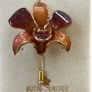 Royal Orchid Collection Flower Stick Pin Gold Plated Brown Orchid New In Box